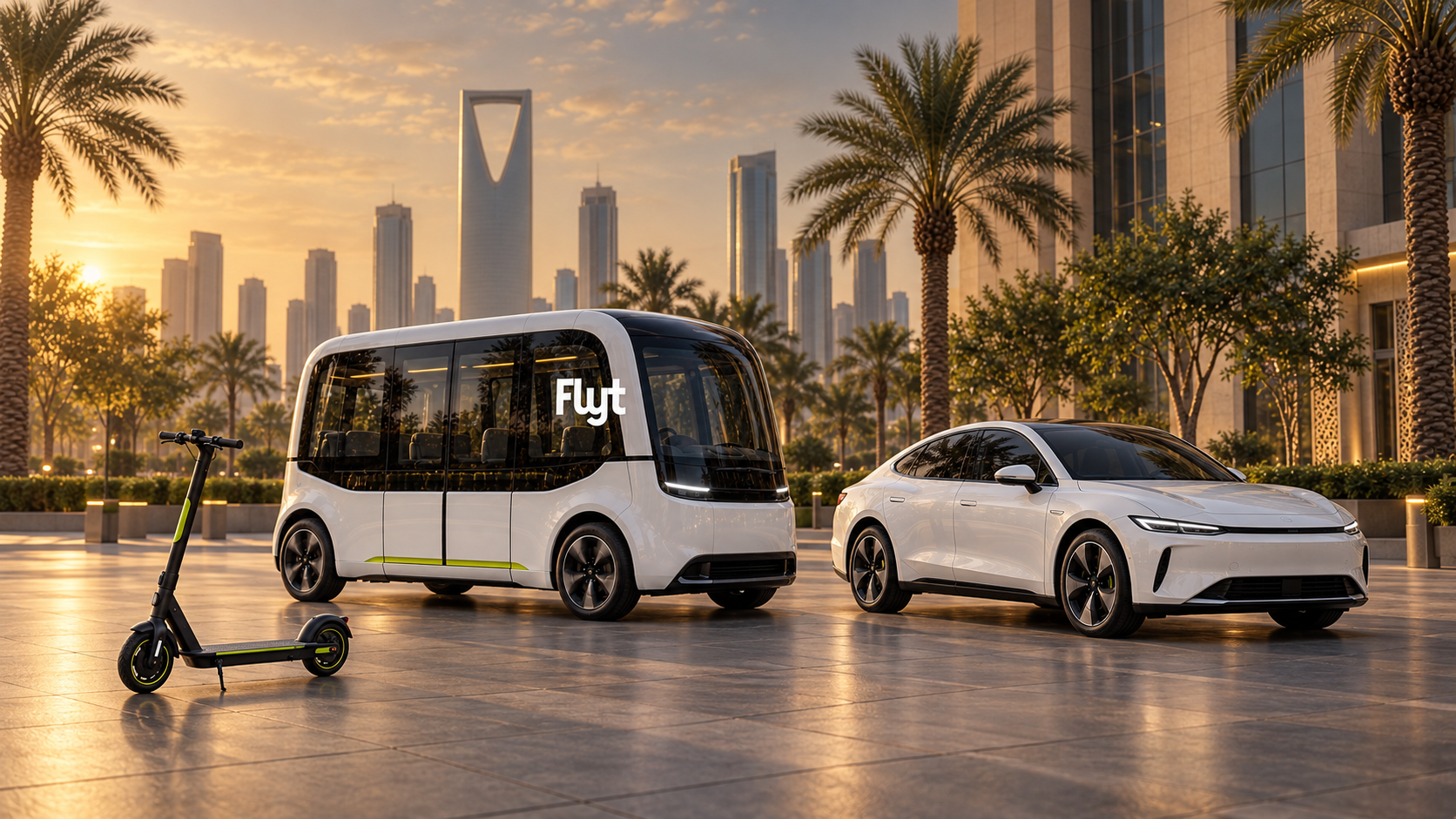 FLYT autonomous shuttle, electric scooter and white passenger car together in Riyadh at golden hour