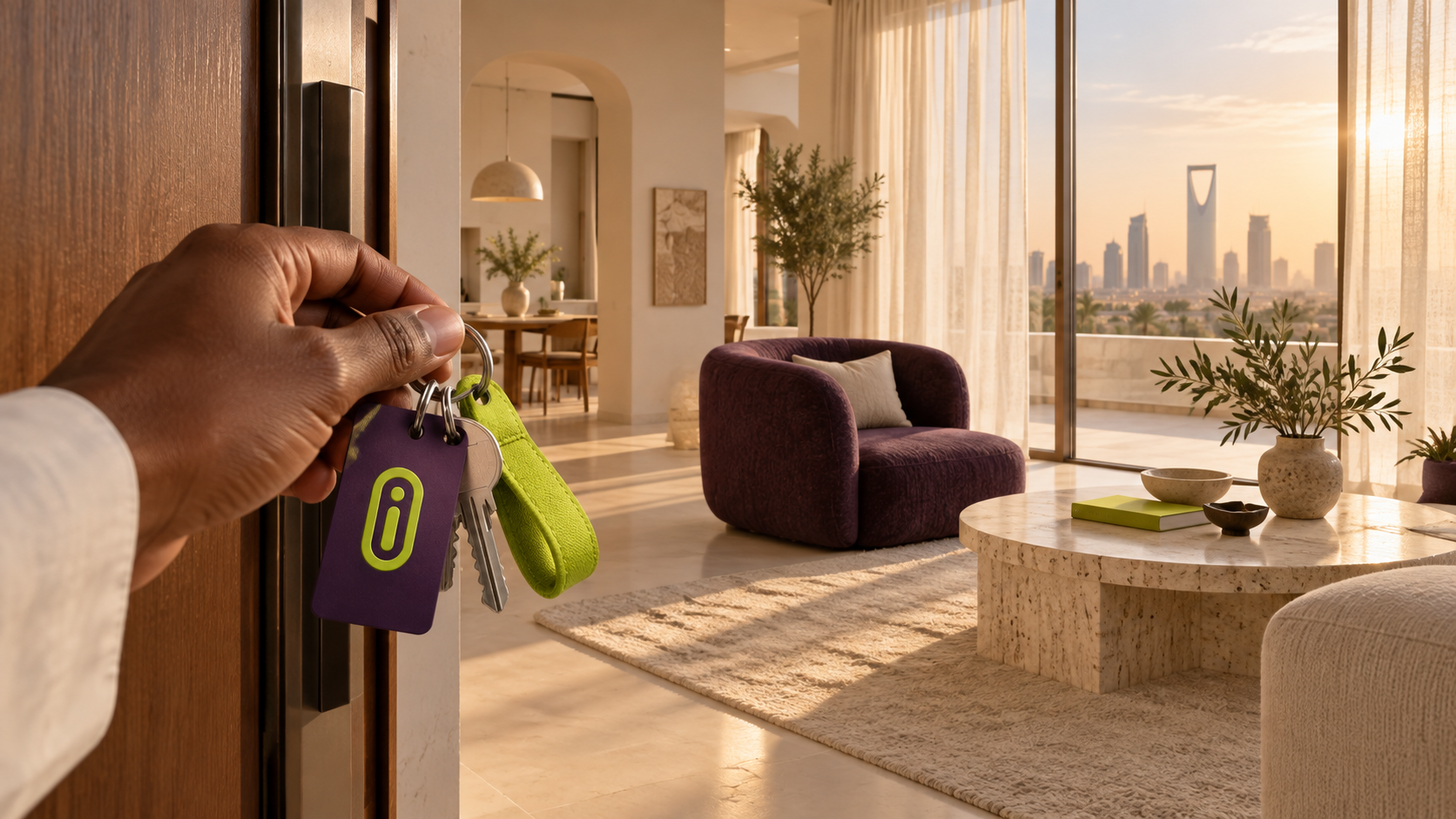 Ghurfa campaign concept: arriving at a sunlit Riyadh home with purple and lime keys