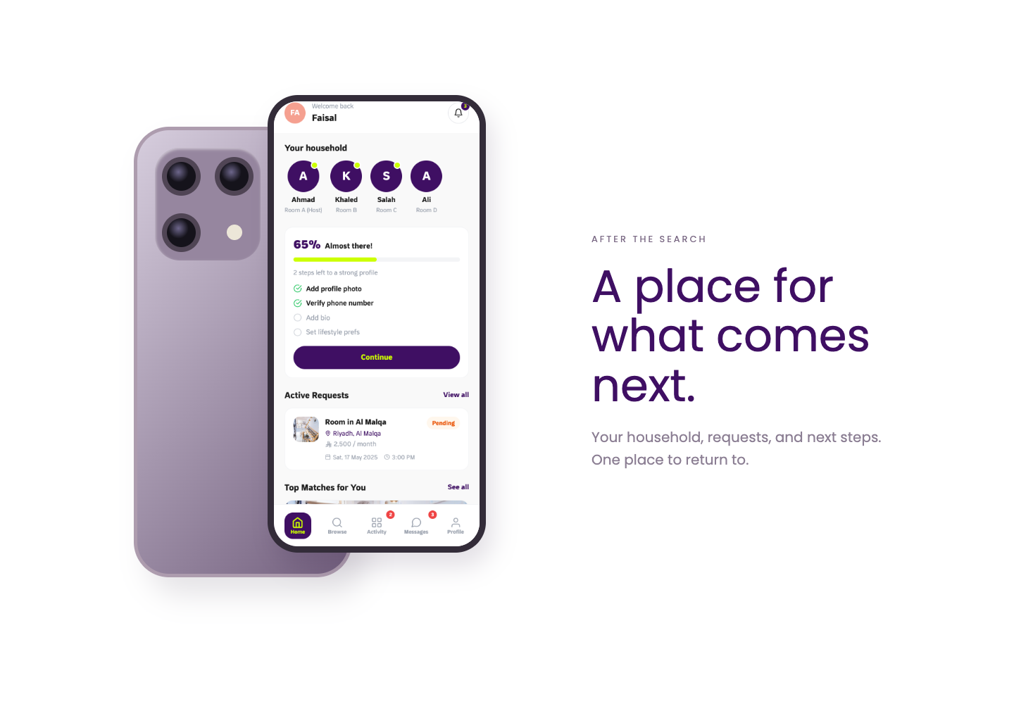 Front and back phone composition presenting the Ghurfa renter dashboard