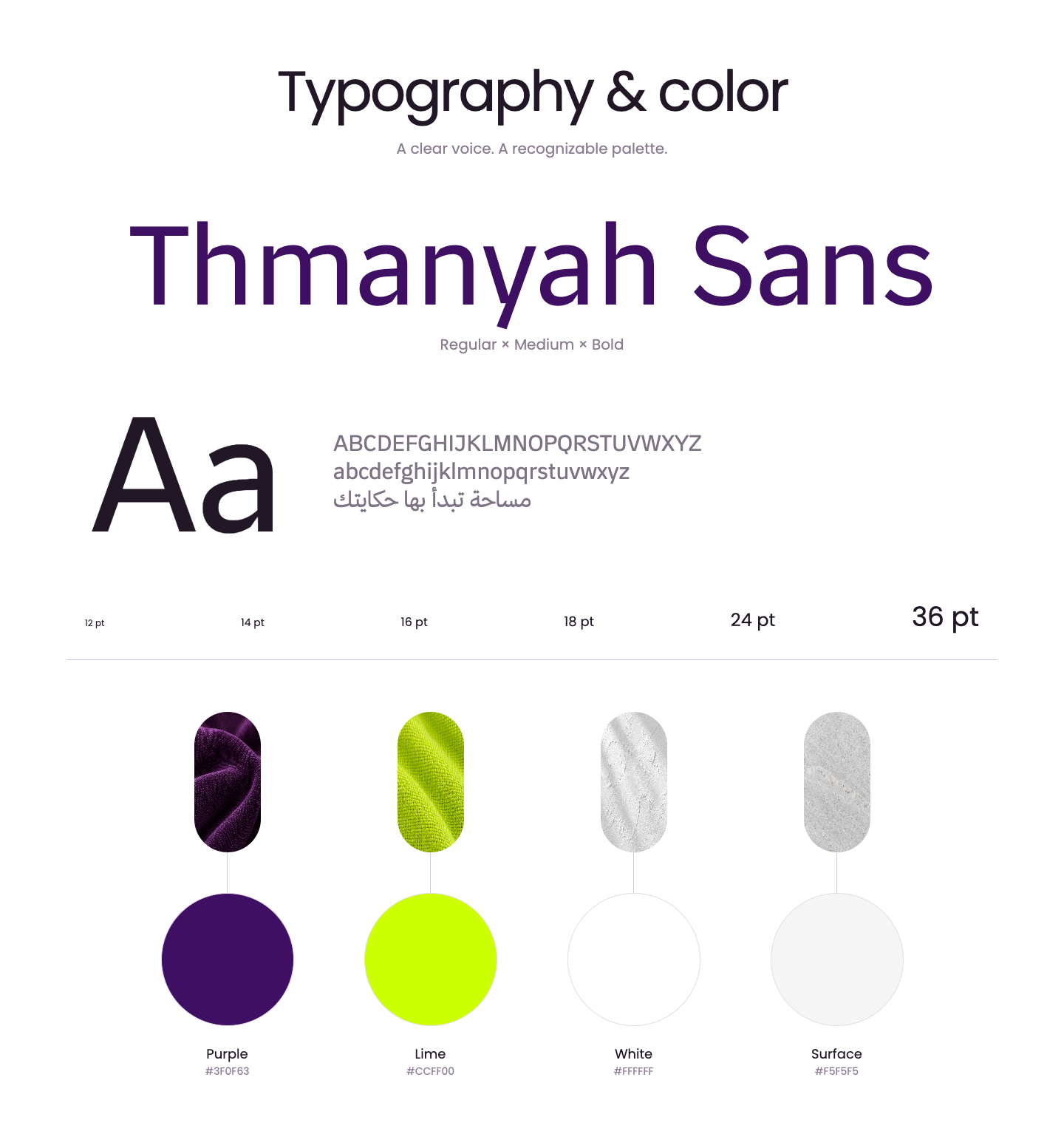 Ghurfa typography and colors: Thmanyah Sans with Arabic and English specimens, a type scale, and purple lime white and surface swatches
