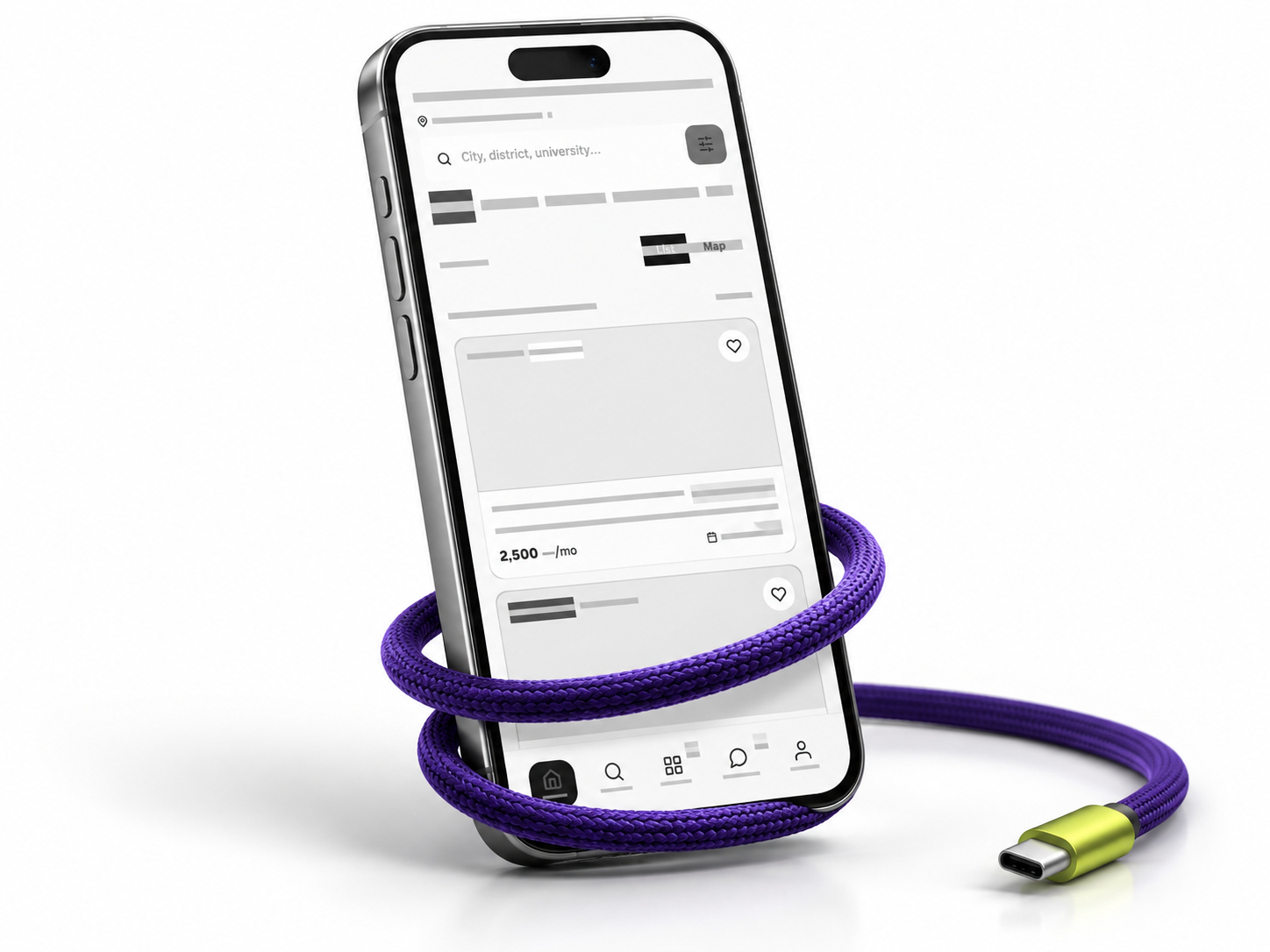 Ghurfa structural wireframe on a silver phone wrapped in a purple cable