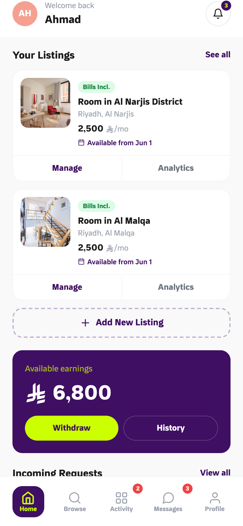 Ghurfa app — Host dashboard