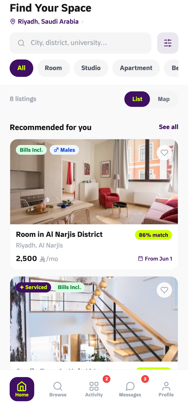 Ghurfa marketplace showing rooms available in Riyadh