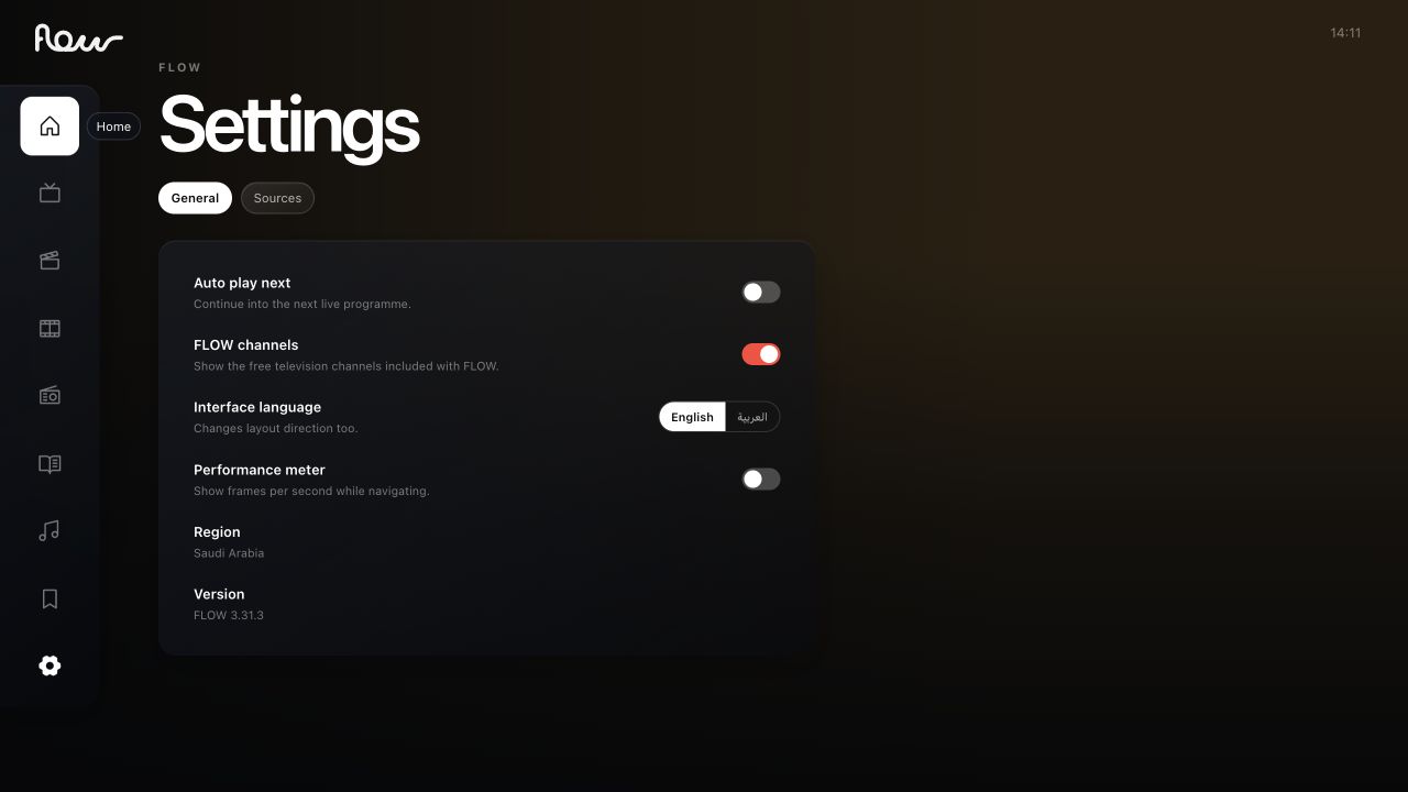 Flow TV settings screen