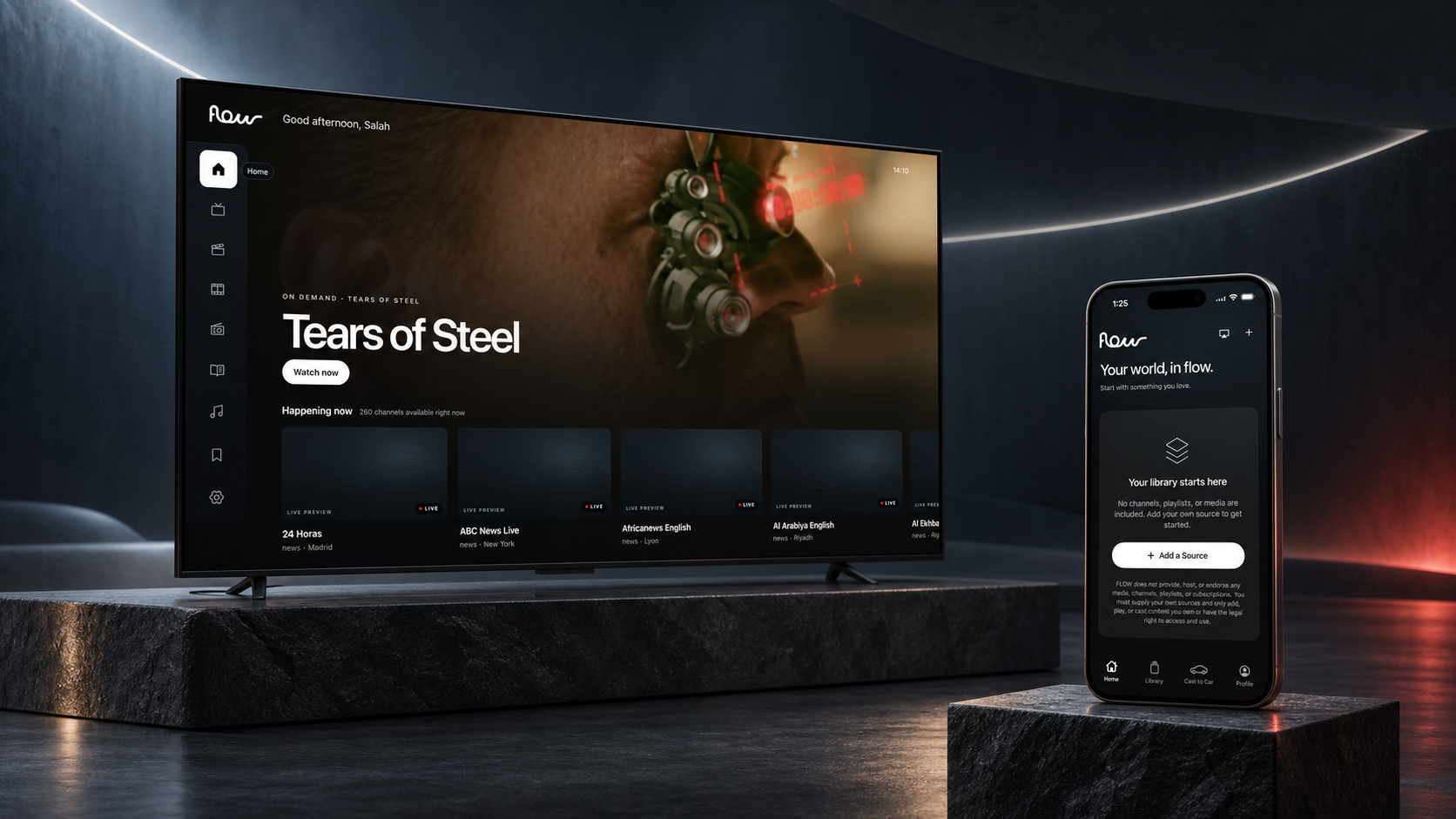 Flow media experience on a television in a dark interior
