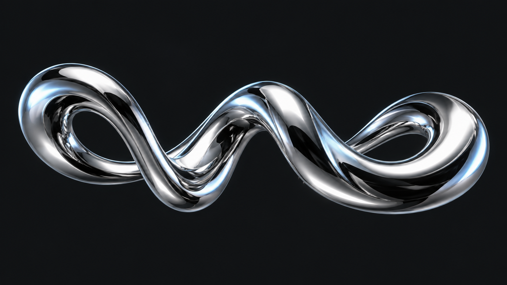 A flowing mirror-chrome sculpture with silver and cool blue reflections
