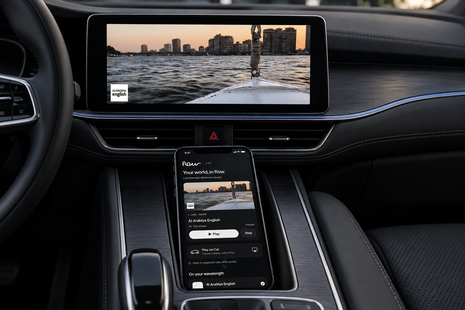 Flow CarPlay concept mockup showing a phone and an in-car display